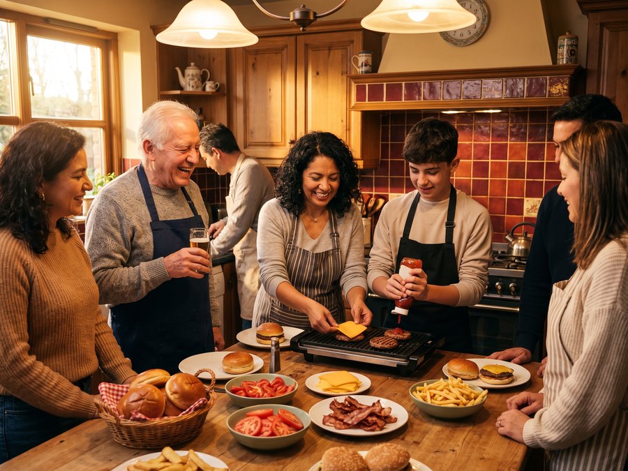 Familia y amigos preparando hamburguesas en casa con insumos de Abassto