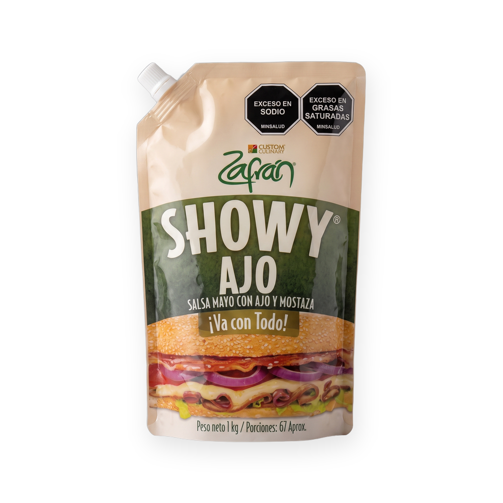 Salsa de ajo Showy de Zafrán, presentación de 1 kilo y de 200 gramos